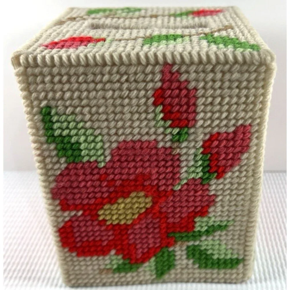 Vintage Needlepoint Tissue Cover Box Floral Plastic Canvas Finished Decor Granny